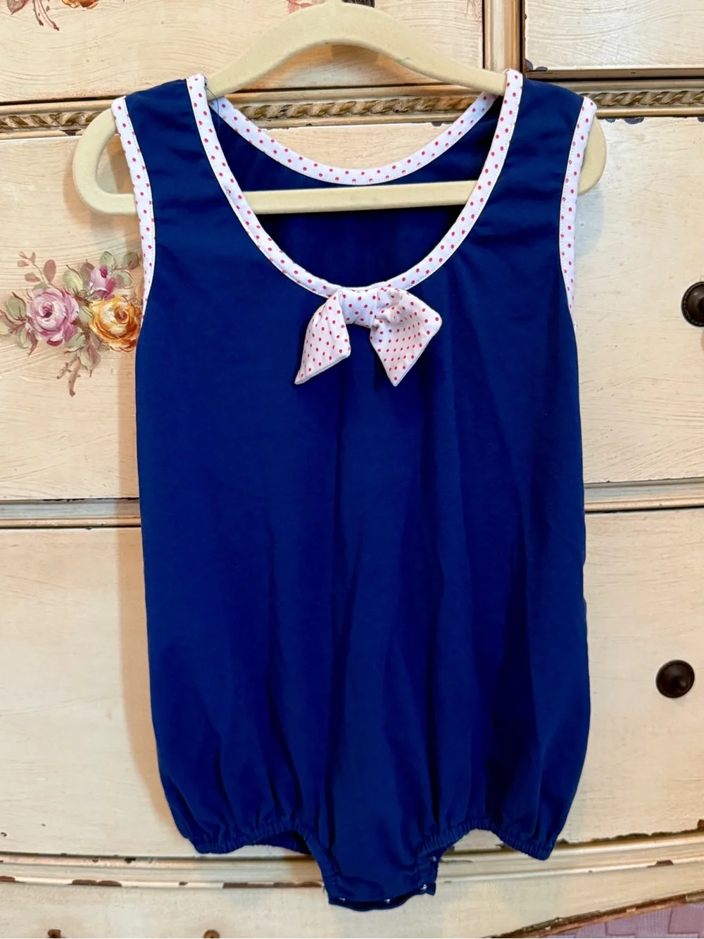 Navy Sleeveless Bubble Bodysuit with Polka-Trim